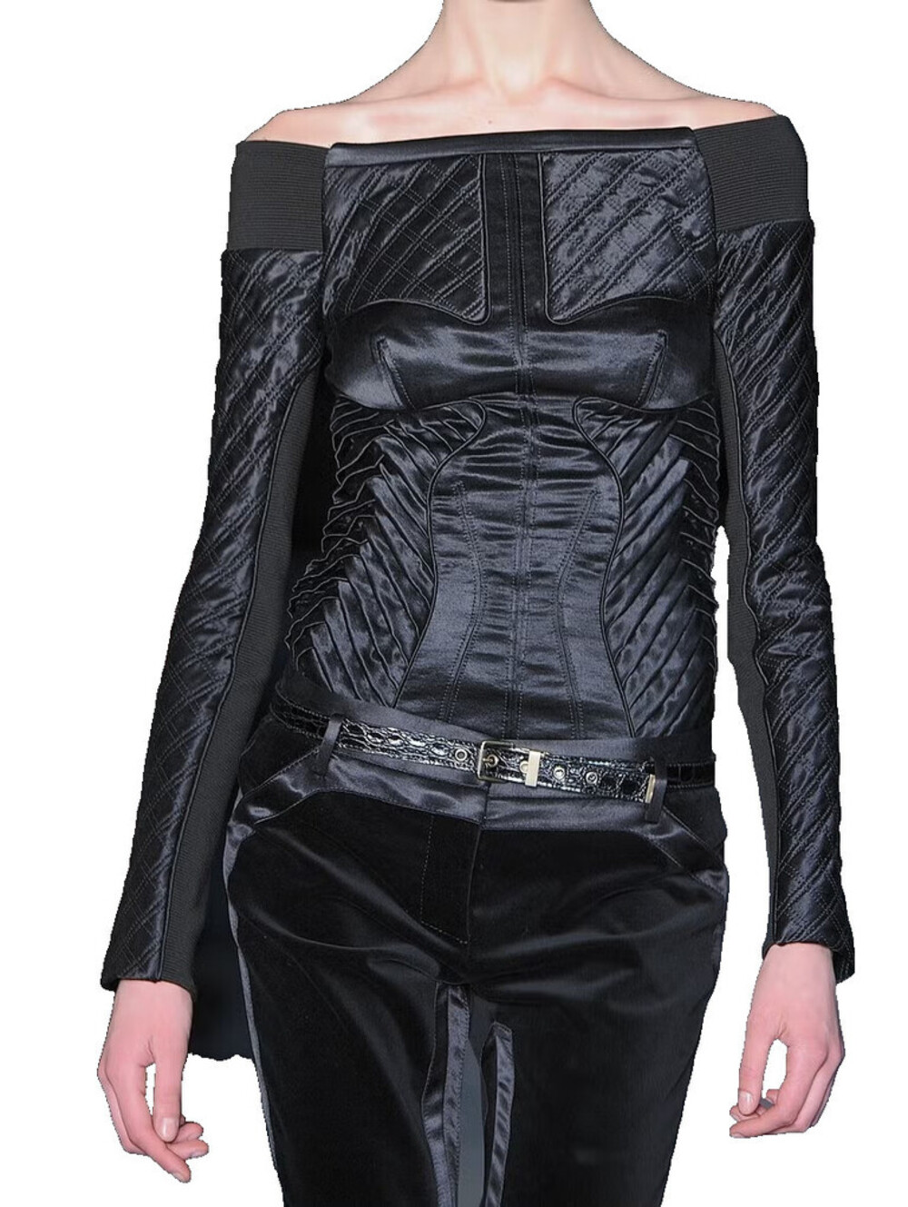 Proenza Schouler US-4 Fall 2009 Black Wool Silk Off Shoulder Structured Zip Top